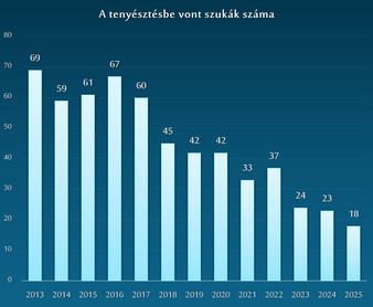 A regisztrált tenyésztésbe vont komondor szukák száma az elmúlt tizenkét évben