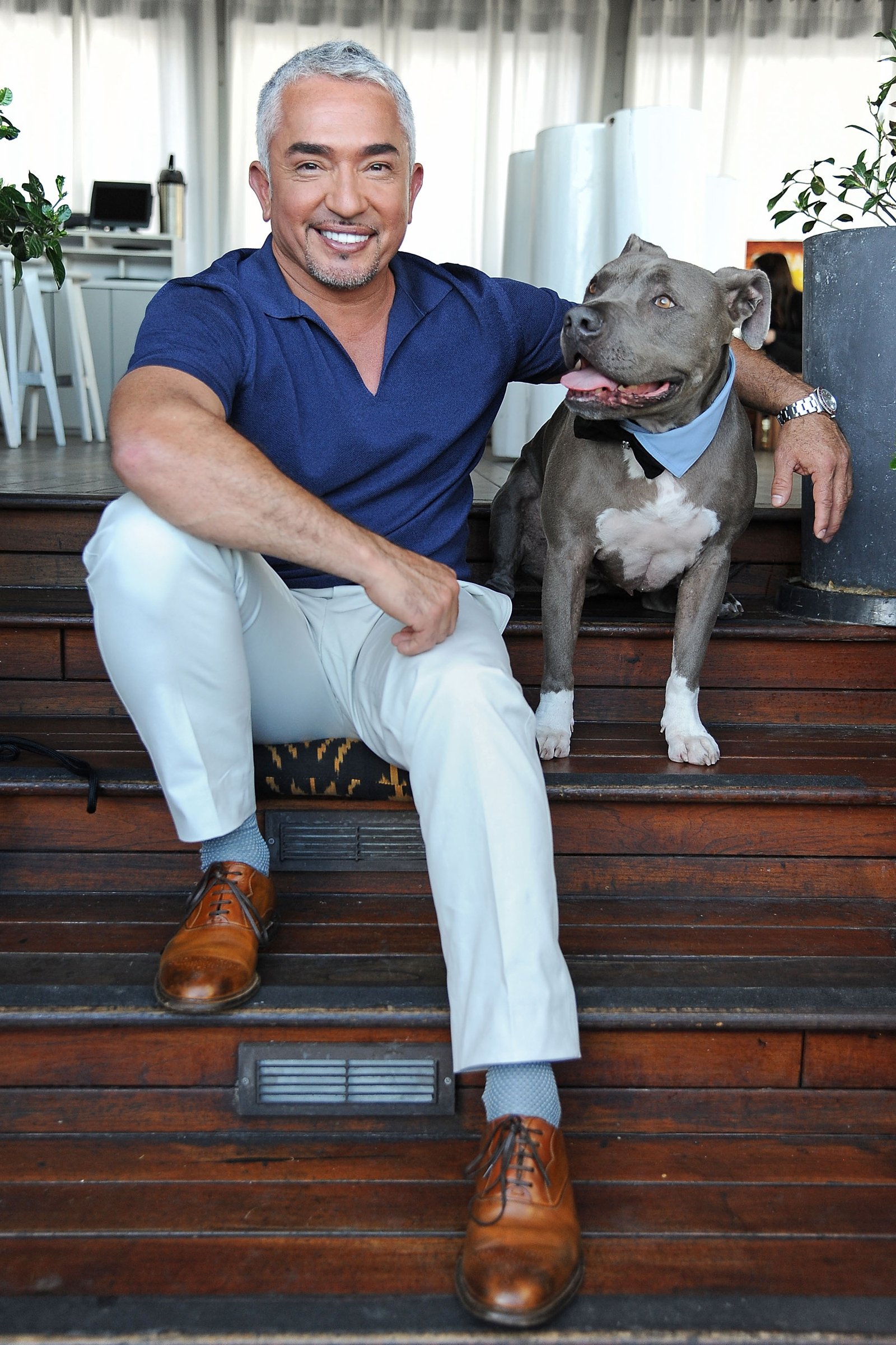 Cesar Millan kutyával lépcsőn