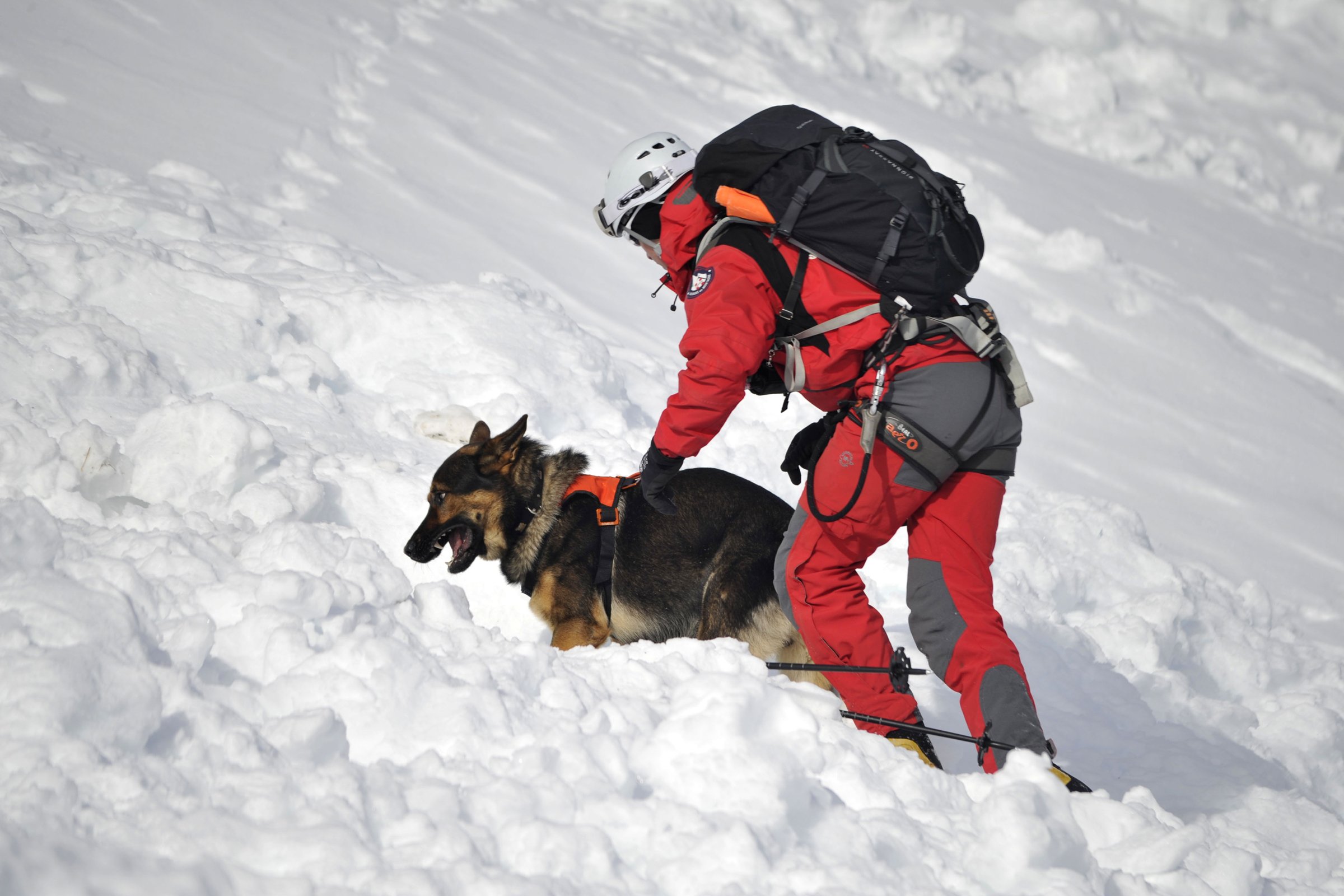 Mountain rescue exercise in the Haute-Savoie department (Upper Savoy) by the "GMSP" team ("Groupe Montagne des Sapeurs-Pompiers", fire department in mountain areas)