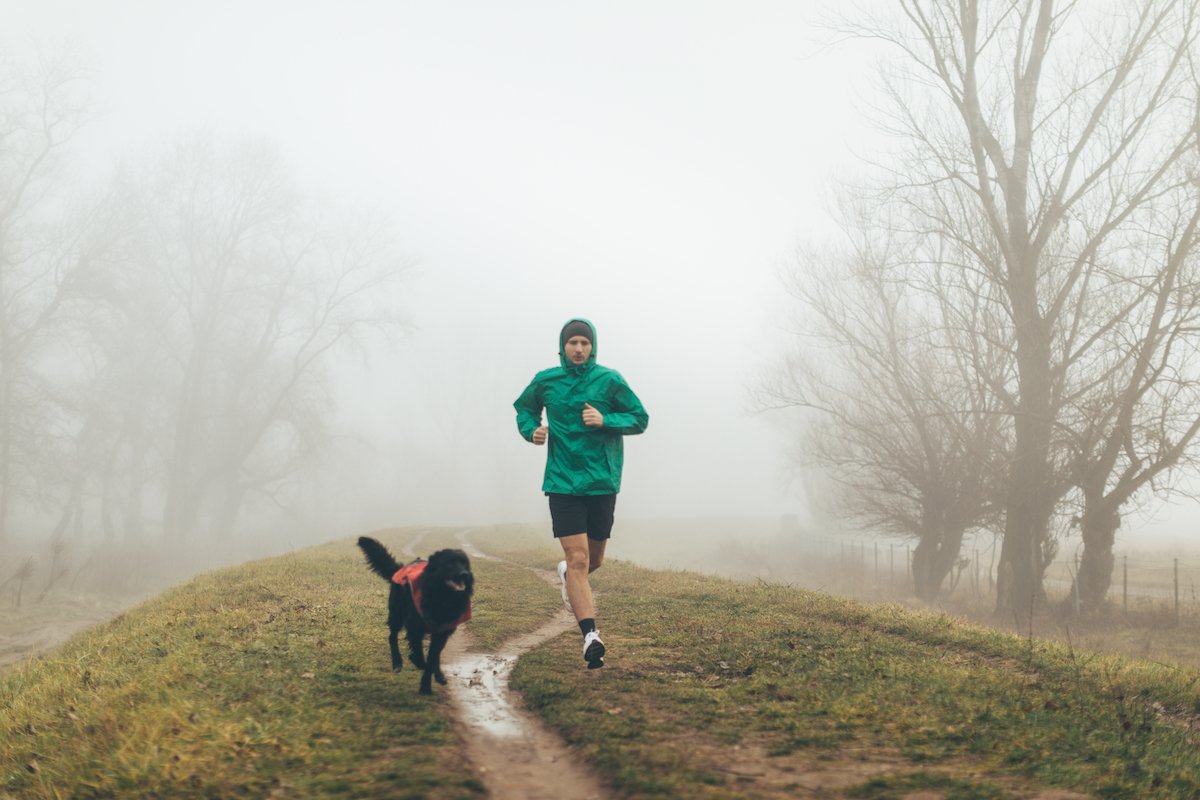 Active young man jogging with his dog