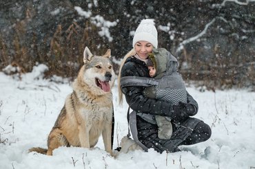 csehszlovák farkaskutya a hóesésben gazdájával és egy babával