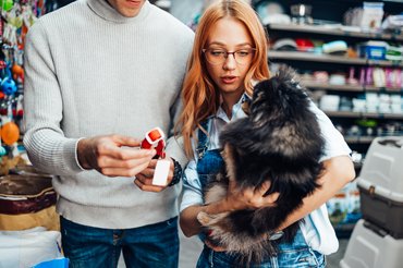 egy pár kutyával állatkereskedésben